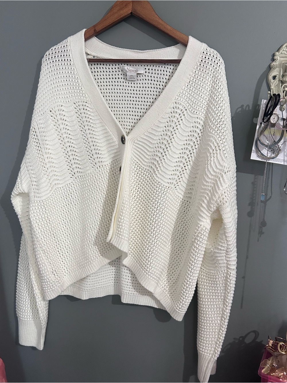 Natural Reflections Open-Knit V-Neck Button Cardigan - White